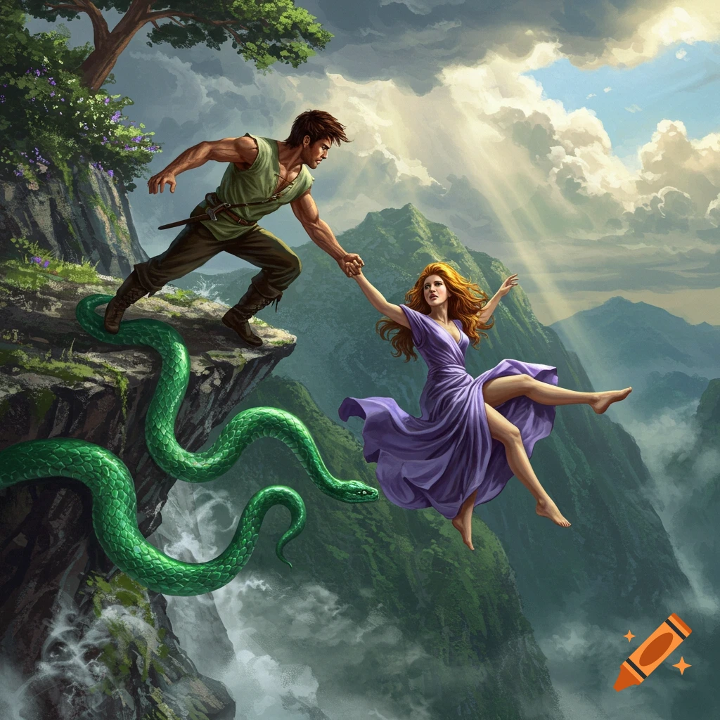A man holds a falling woman's hand over a cliff with a large green snake coiling nearby, in a dramatic fantasy mountain scene.