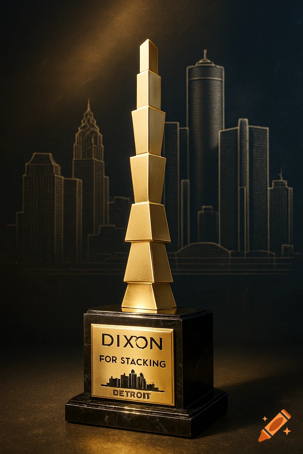 A gleaming gold and black marble trophy award for "DIXON FOR STACKING DETROIT" against a dark background with a subtle outline of a city skyline.