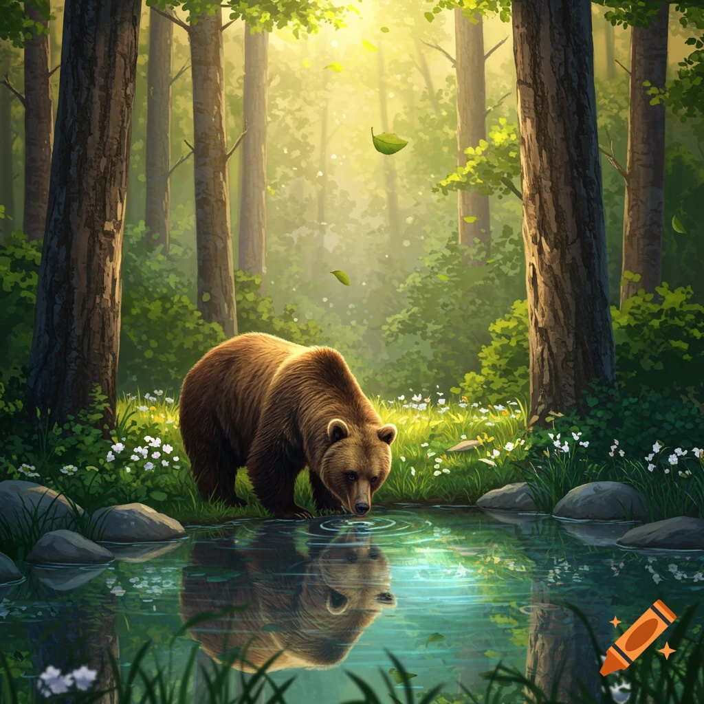 A brown bear drinks from a still pond in a sunlit forest clearing with green trees and white flowers.