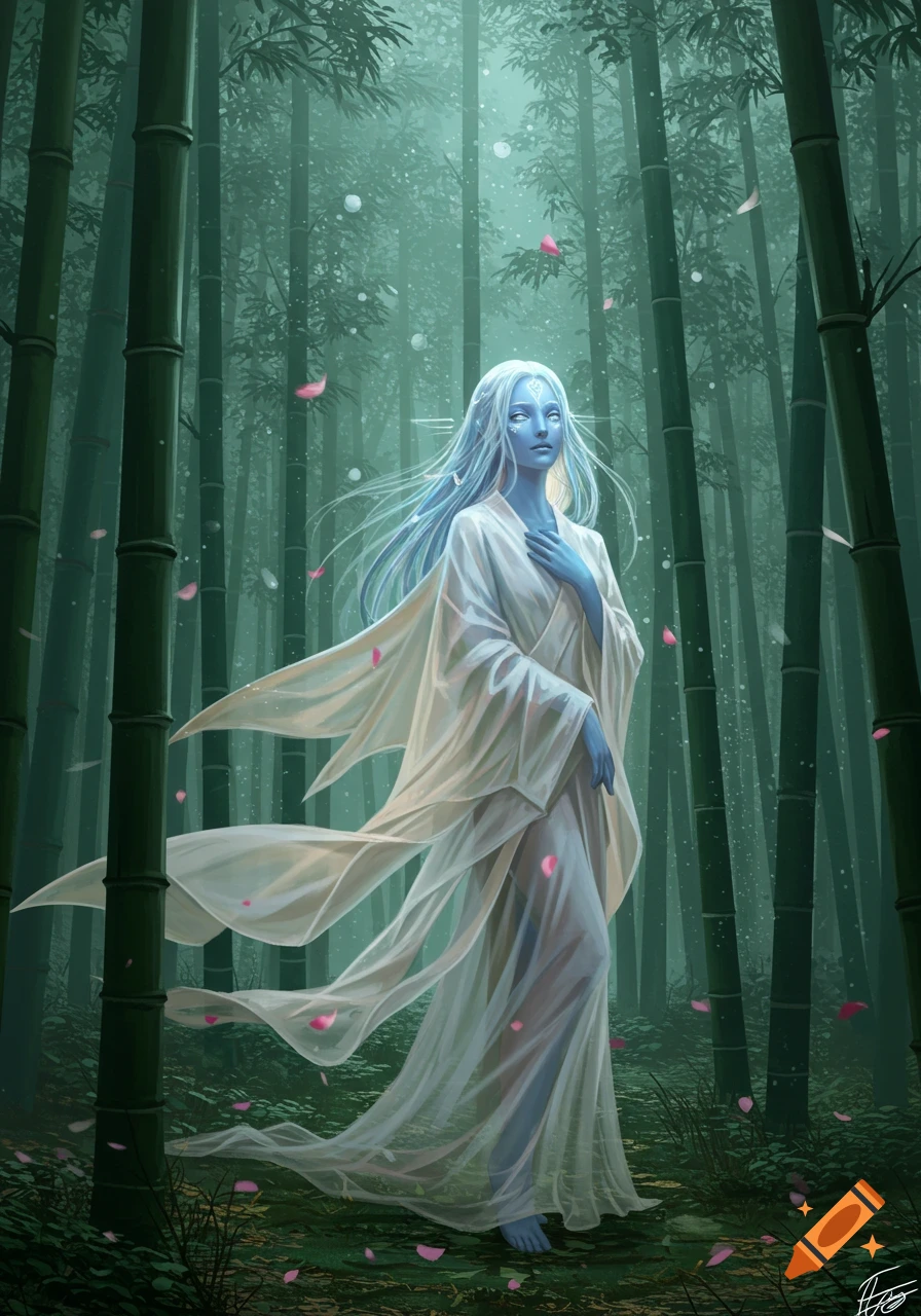 A pale blue-skinned woman with white hair in a flowing white robe stands barefoot in a mystical bamboo forest with pink petals falling.