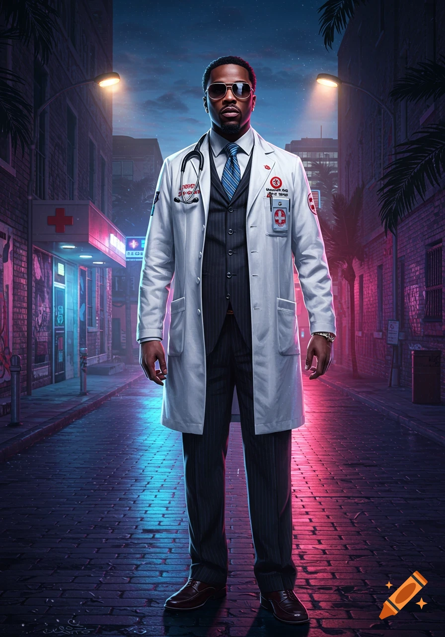 A stylish Black man in a white doctor's coat, pinstripe suit, and sunglasses stands on a neon-lit urban street at night.