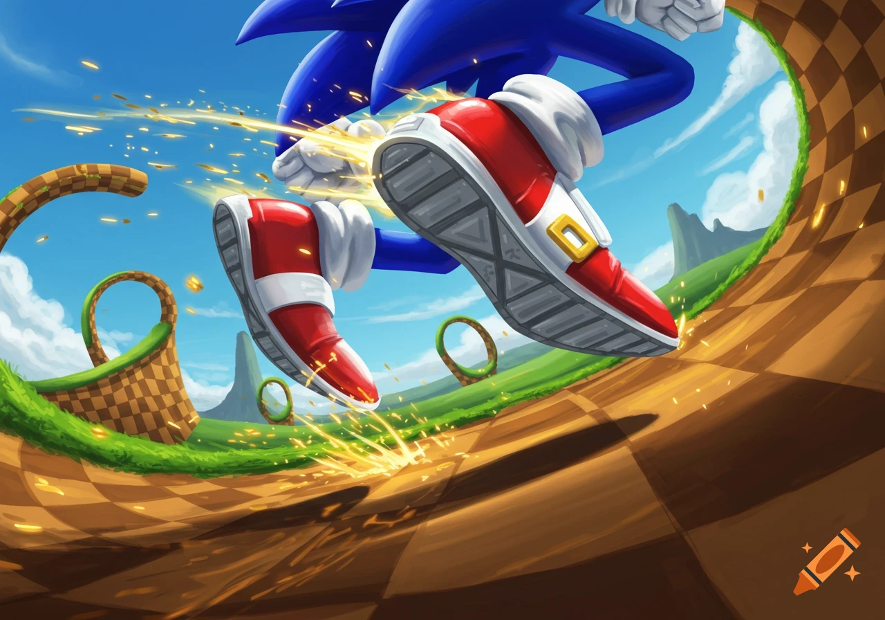 Stylized illustration of Sonic the Hedgehog's feet blurring as he runs fast through a bright, green, checkered landscape with gold rings.