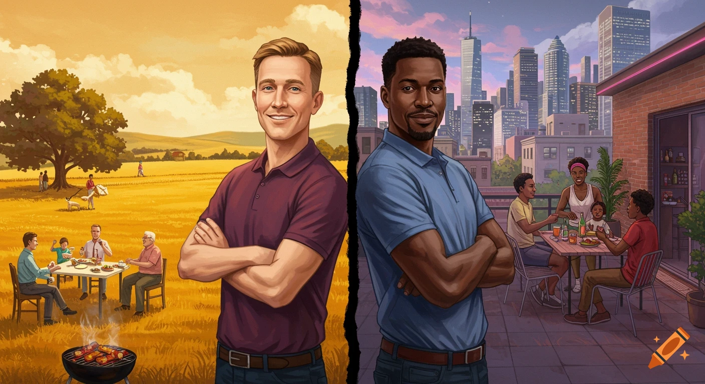 An illustration of two men, split down the middle. Left: a white man and his family having a BBQ in a golden rural field. Right: a Black man and his family having a BBQ on a city rooftop.