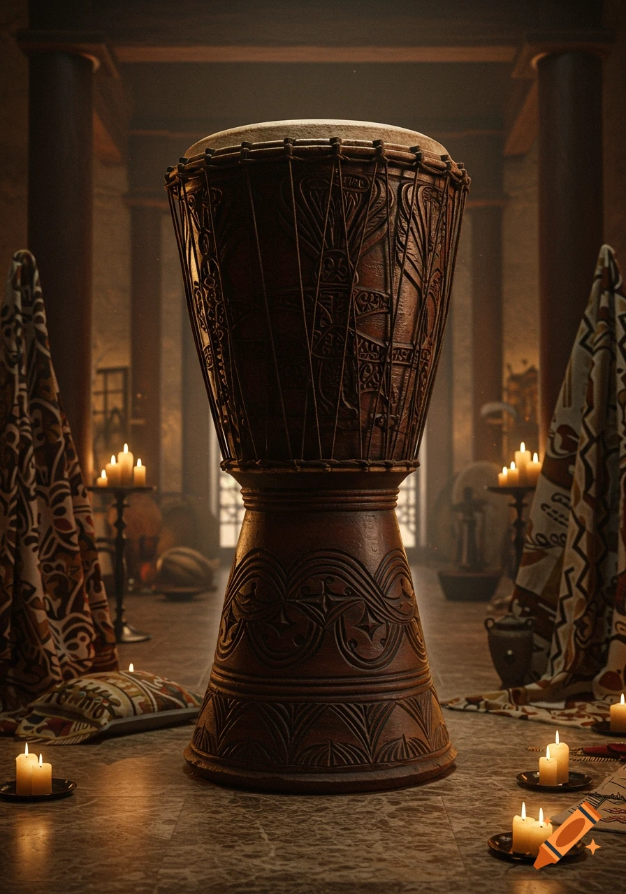 An ornate wooden drum with intricate carvings stands in a dimly lit ancient room, surrounded by lit candles and patterned fabrics.