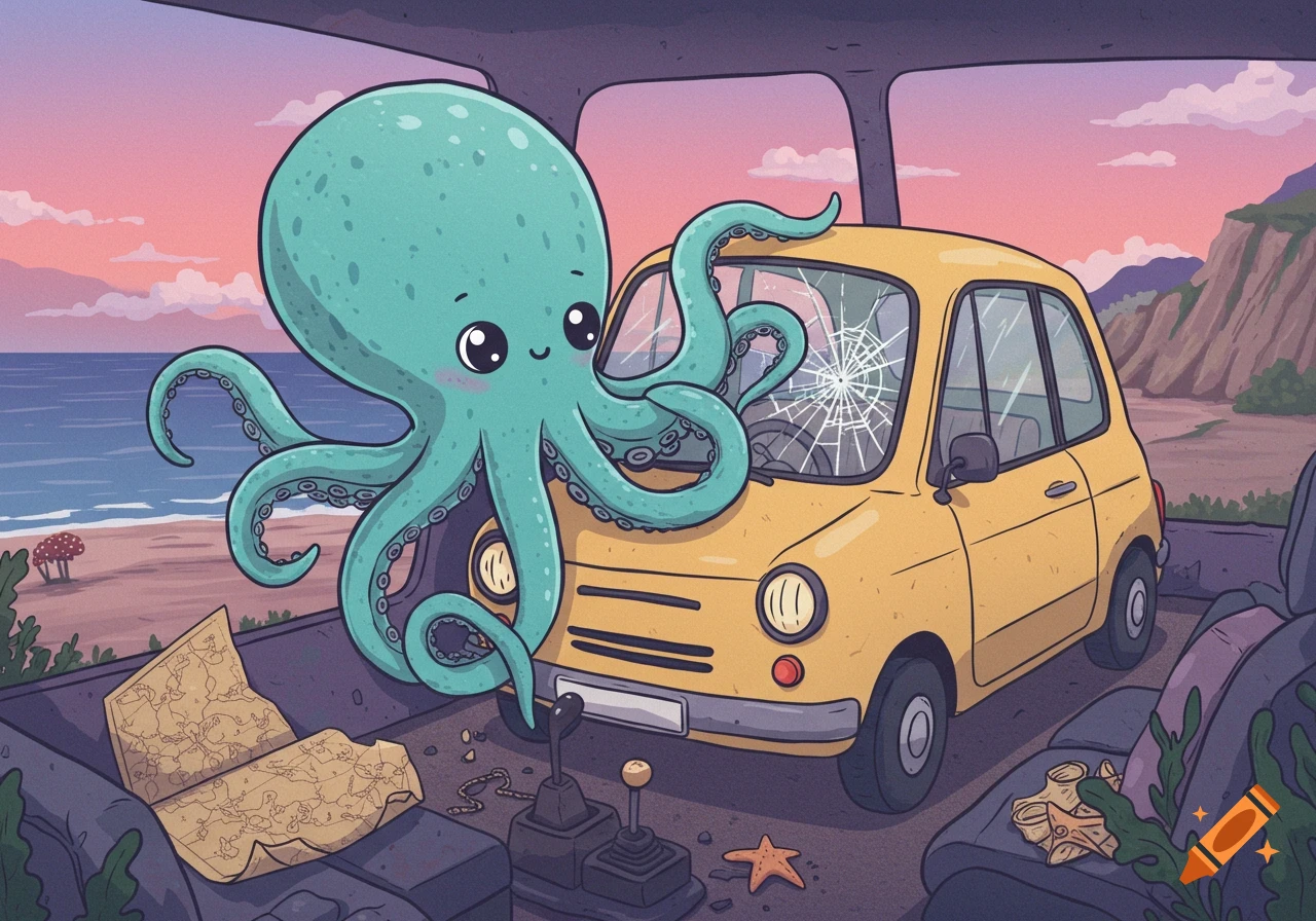 A cute teal cartoon octopus sits on the hood of a yellow car with a broken windshield, parked on a beach at sunset.