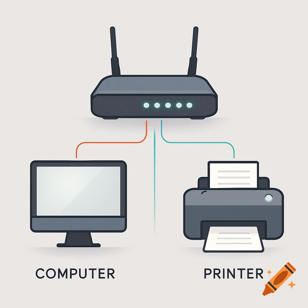 An illustration of a network diagram showing a router connected to a computer and a printer.