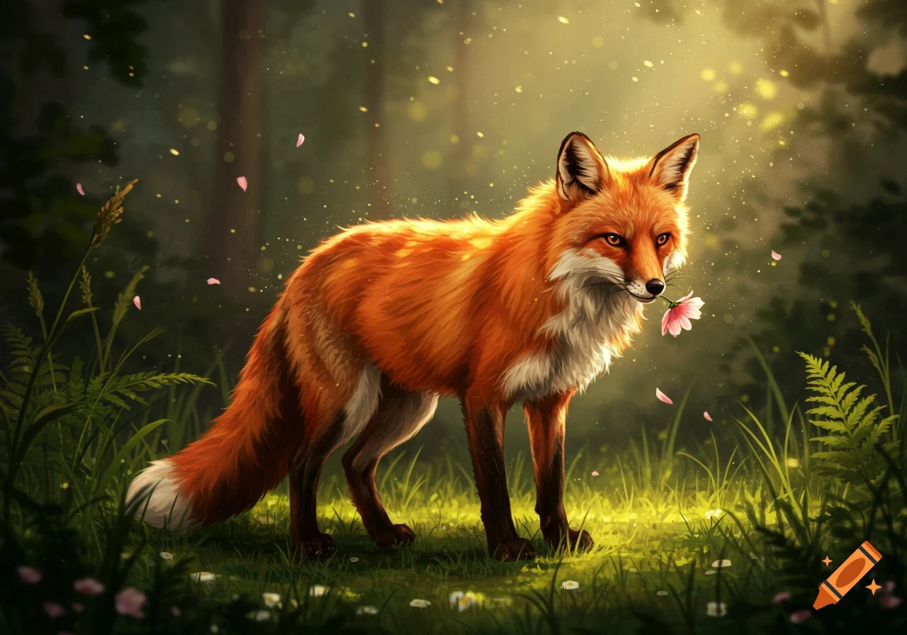 A vibrant orange fox stands in a magical sunlit forest, holding a pink flower in its mouth as petals fall around.