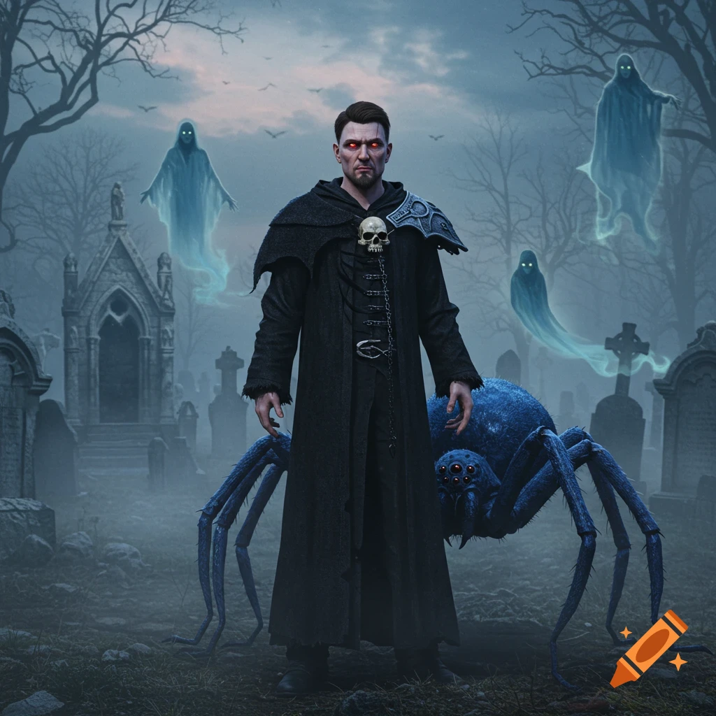 A hyper-realistic gothic necromancer with red eyes and a skull amulet stands in a foggy graveyard with a blue spider and ghosts.