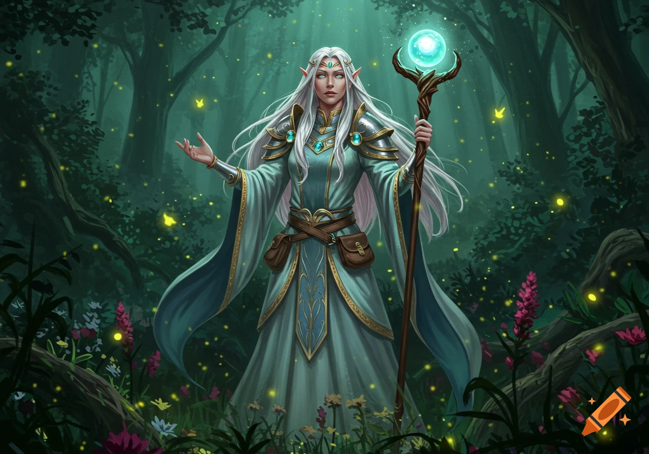 A female elf cleric with long white hair stands in an enchanted forest, holding a glowing staff.