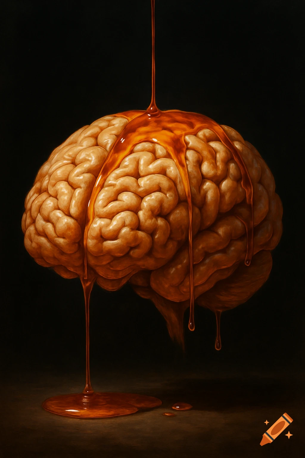 Photorealistic image of a human brain covered in dripping golden maple syrup against a dark background, creating a surreal still life.