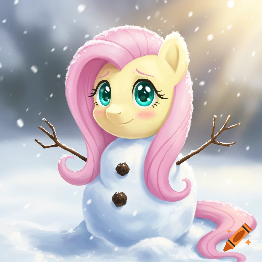 Cute cartoon Fluttershy as a snowman with a shy smile, pink mane, and stick arms, in a snowy winter scene.