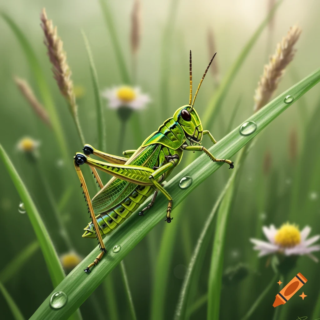 A vibrant green grasshopper sits on a dew-covered blade of grass, with blurred flowers and wheat in the background.