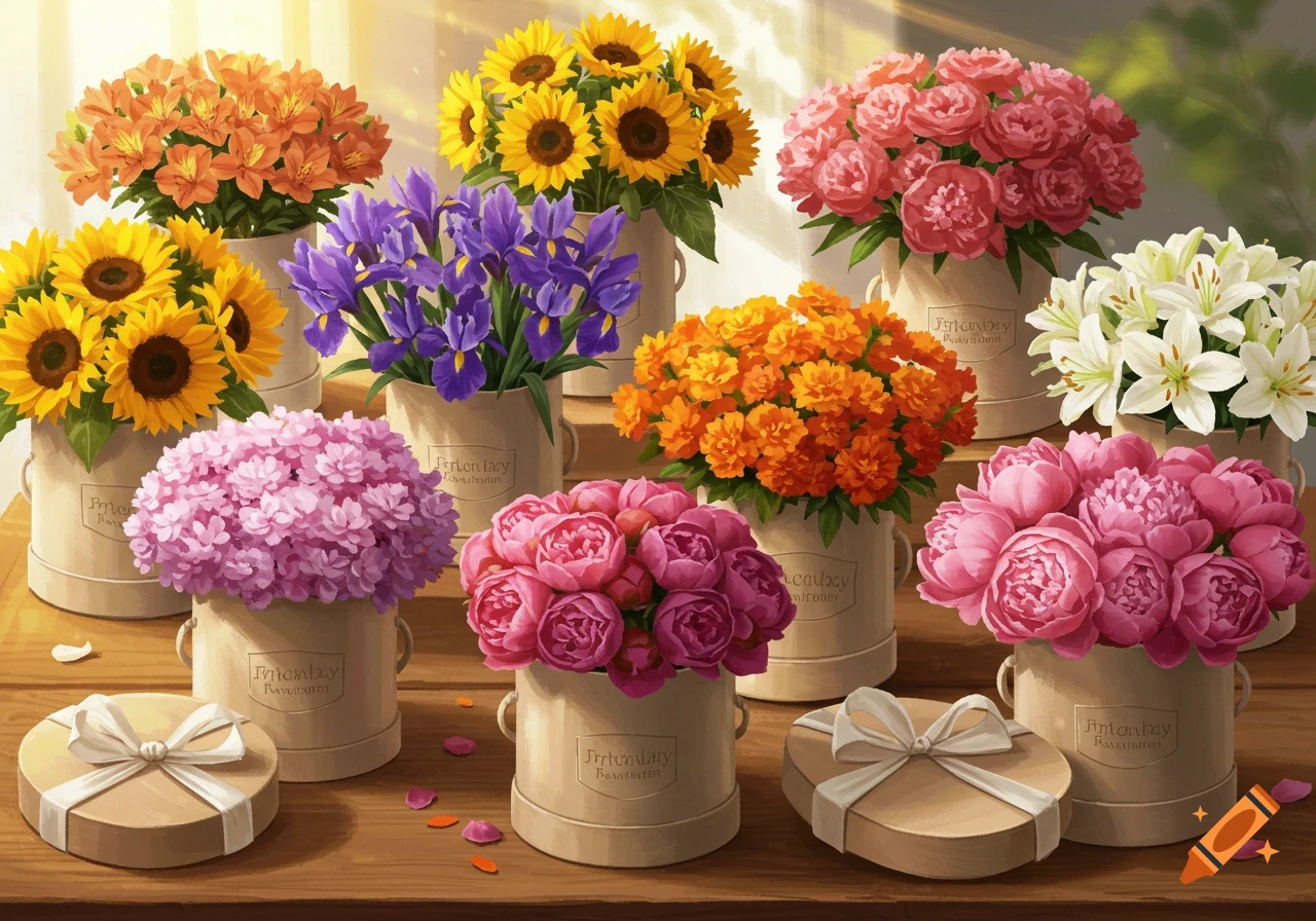Several bouquets of various colorful flowers in branded cylindrical boxes, with some gift boxes, on a wooden table.