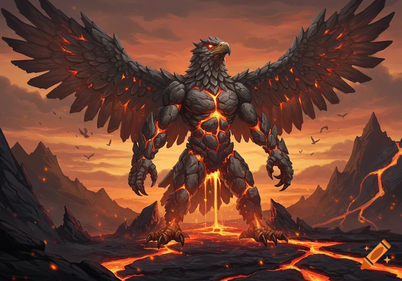 A towering anthro eagle, made of dark volcanic rock with glowing lava cracks, stands in a fiery, lava-filled landscape at sunset.