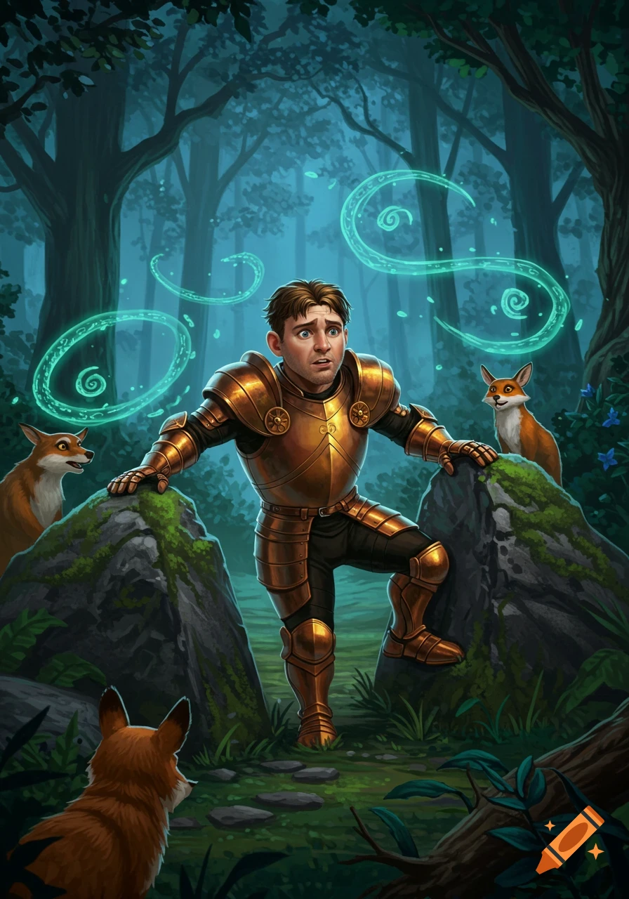 An illustrated man in golden armor with a surprised expression stands in a misty forest surrounded by foxes and glowing turquoise magic swirls.