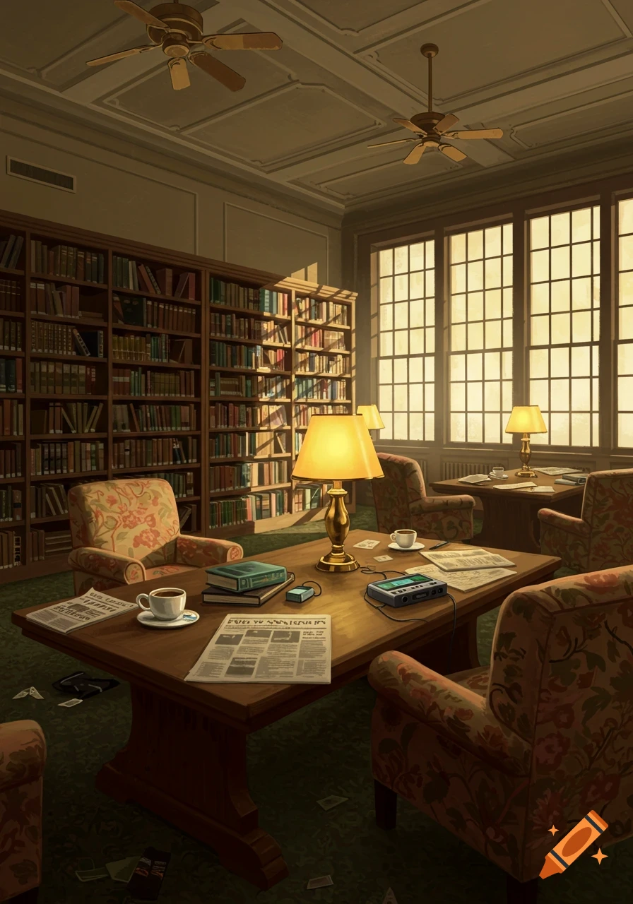 A cozy, sunlit vintage library reading room with dark wooden bookshelves, patterned armchairs, and tables holding lamps, coffee, and newspapers.