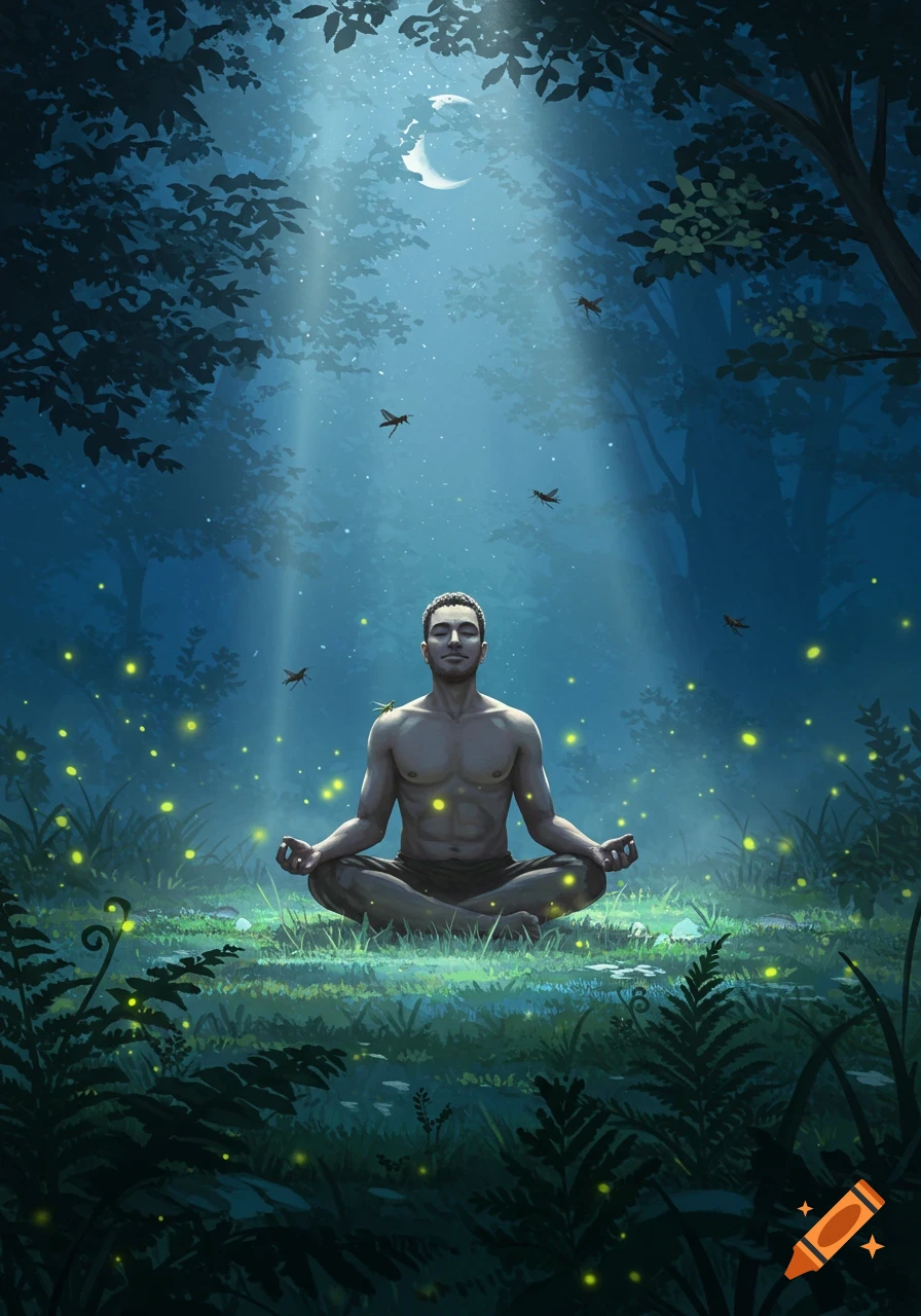 A shirtless man meditates in a moonlit forest glade, surrounded by glowing fireflies, in a serene digital painting.