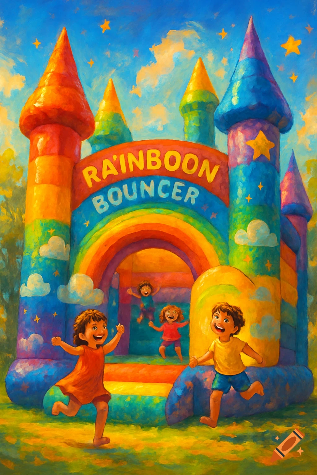 Vibrant painting of happy children playing in a large, rainbow-colored bouncy castle with text "RAINBOON BOUNCER".