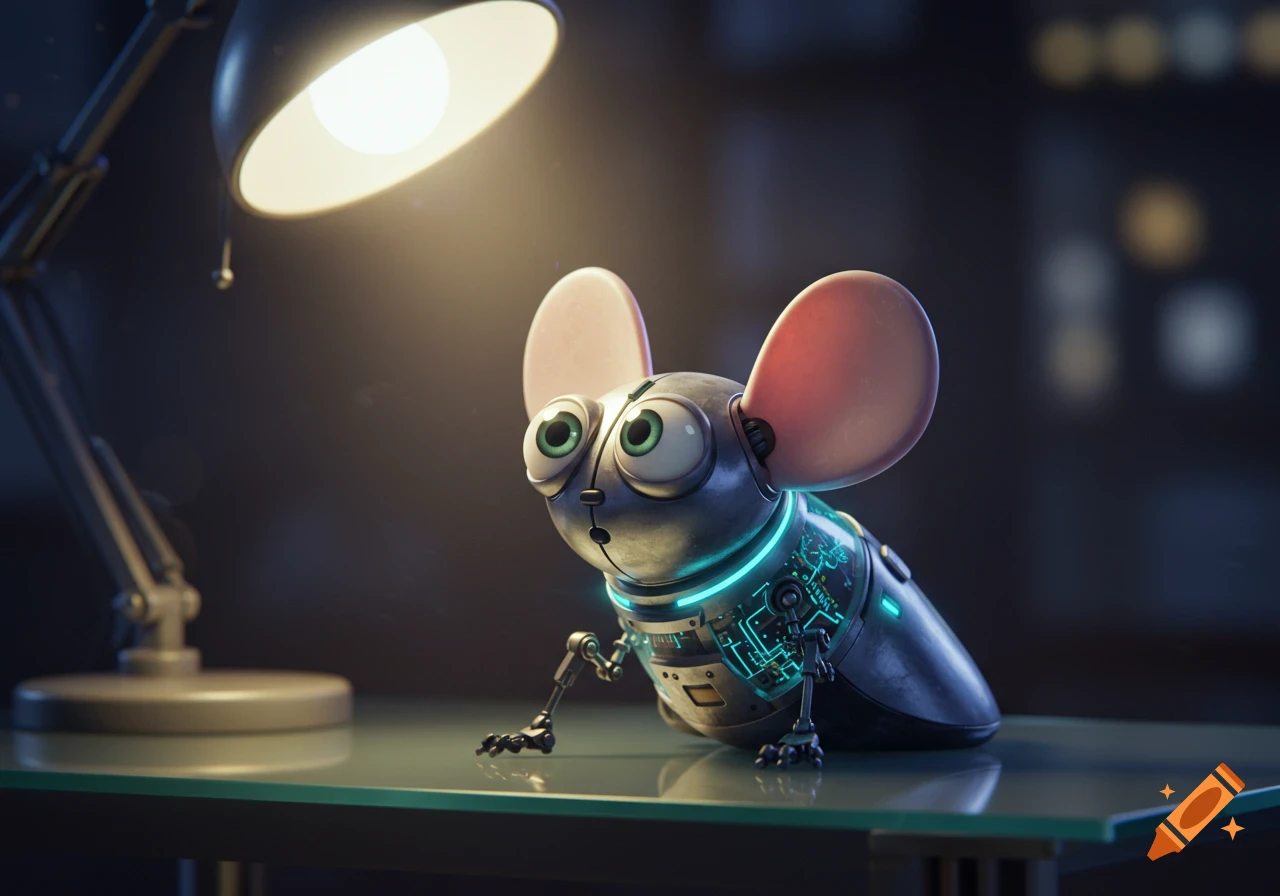 A cute, big-eyed robotic mouse with large pink ears and glowing blue circuits sits on a glass table under a desk lamp.