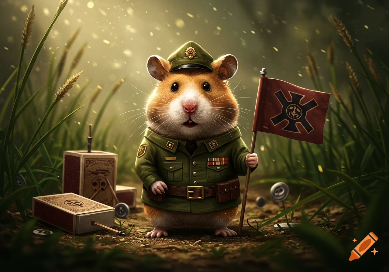 A fluffy hamster in a green military uniform and hat holds a red flag, standing in tall grass near stylized matchboxes.