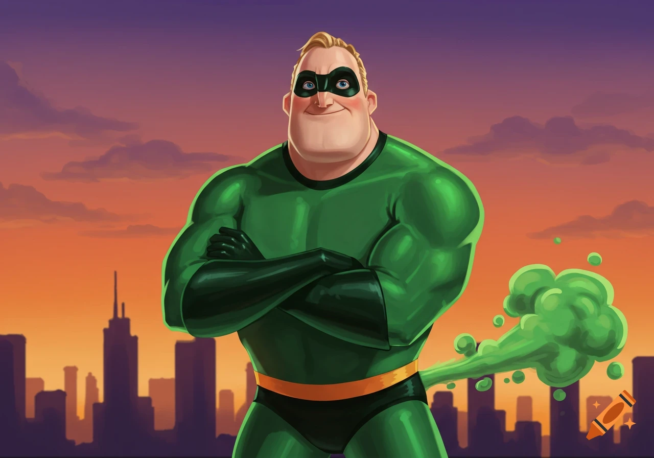 Mr. Incredible in a green superhero suit farting over a city skyline at sunset.