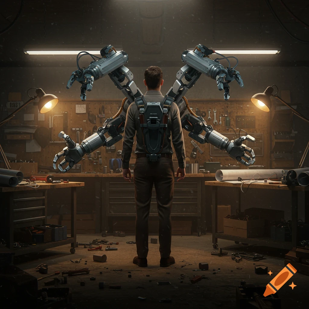 A man wearing a backpack with two large robotic arms attached stands in a dimly lit, cluttered workshop, viewed from behind.