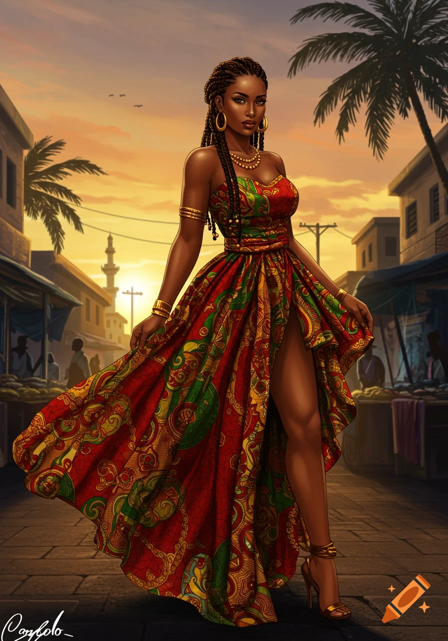 A tall Black West African woman in a vibrant, patterned dress poses on an outdoor market street at sunset in a digital illustration.