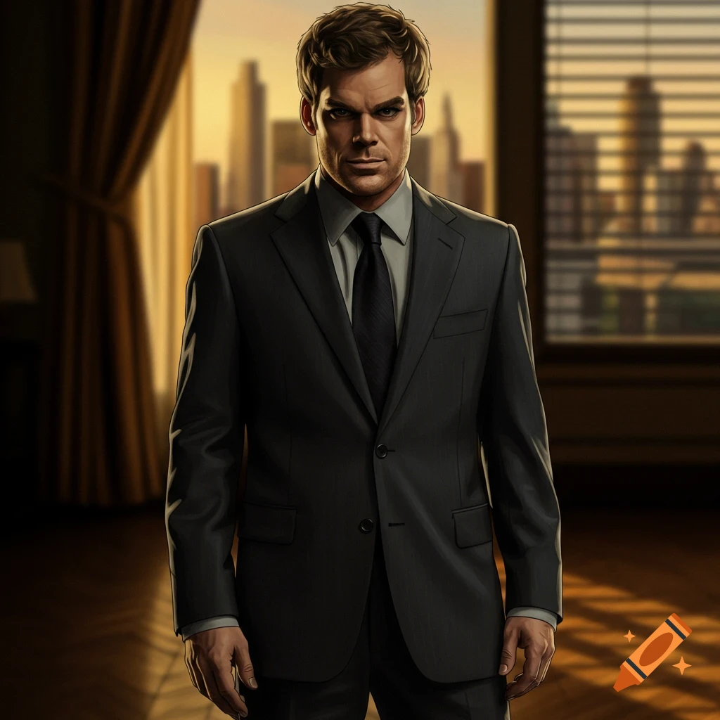 A serious-looking man resembling Dexter Morgan in a dark suit stands in a room with a city skyline at sunset.
