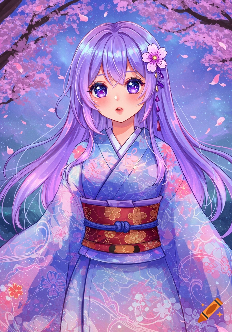 Anime girl with long purple hair and large purple eyes in a blue and pink floral kimono under falling cherry blossoms against a starry sky.