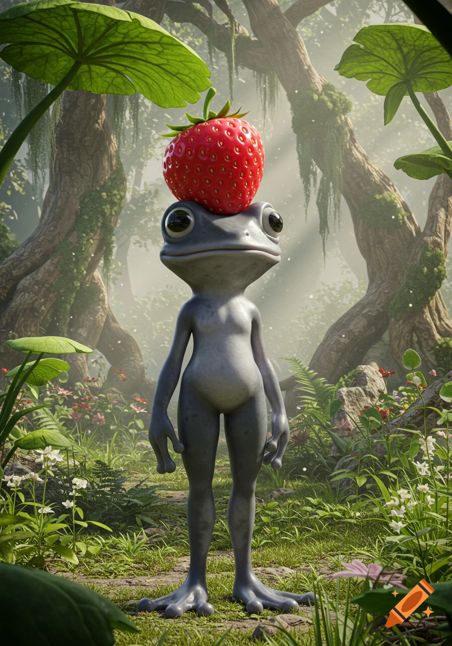 A gray humanoid frog stands in a lush fantasy jungle, balancing a large red strawberry on its head like a hat. 3D render.