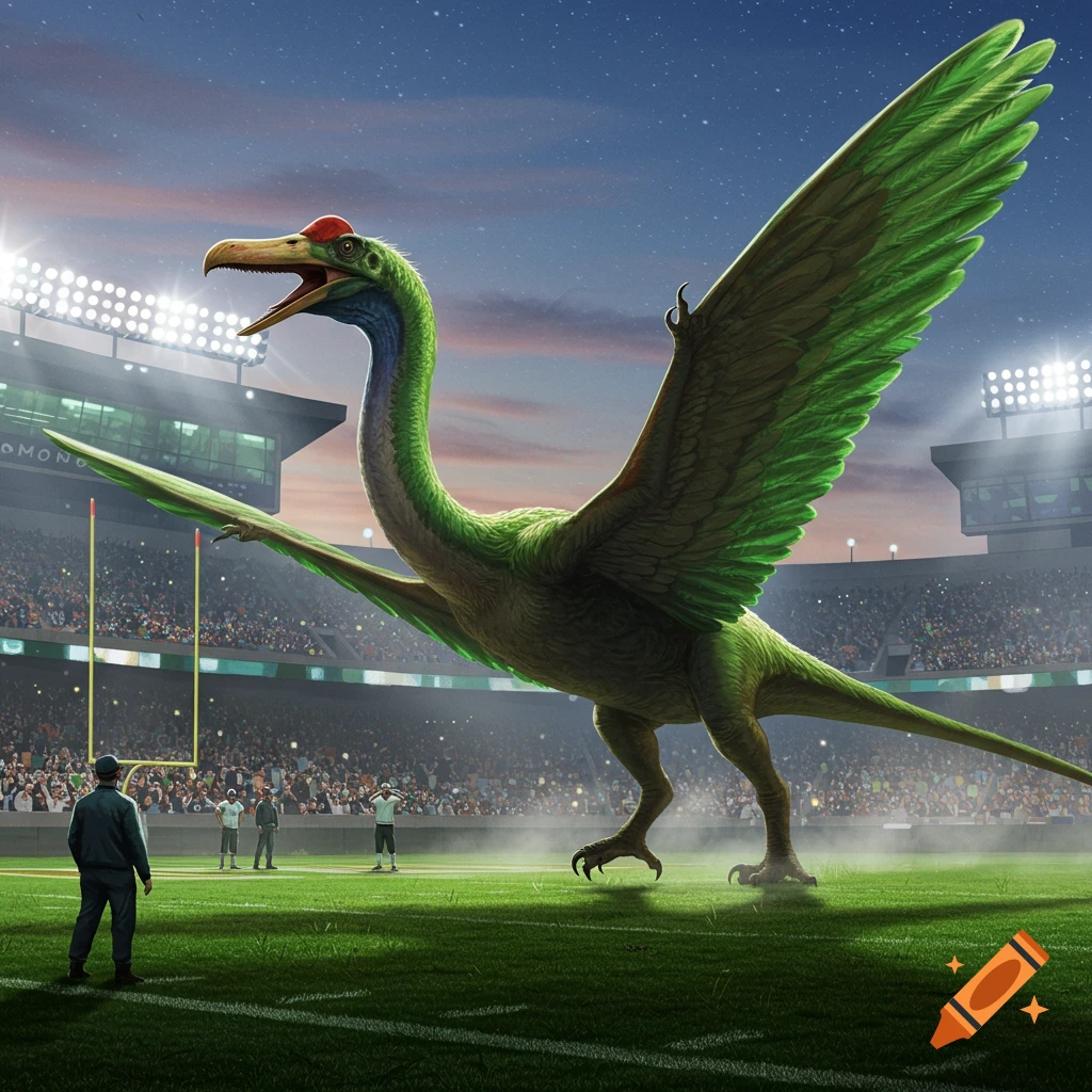 A gigantic green feathered dinosaur with a red cap stands on a football field, dwarfing players, under stadium lights.