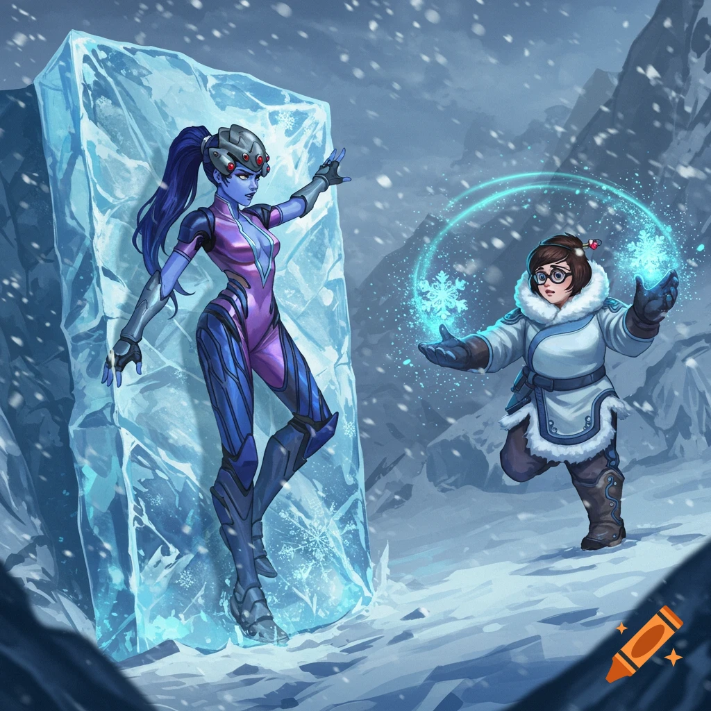 Digital illustration of Widowmaker frozen in a large ice block as Mei casts ice magic in a snowy mountain landscape.