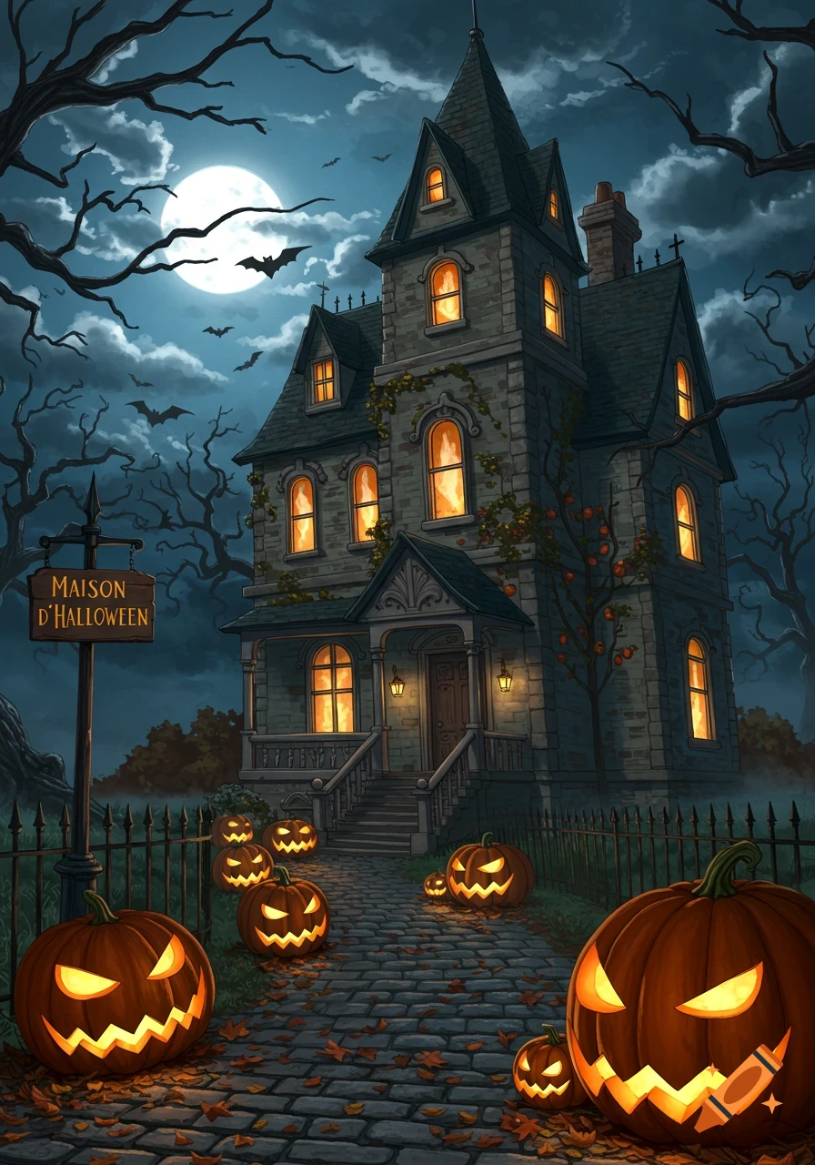 A spooky illustrated haunted house at night under a full moon, with glowing jack-o'-lanterns leading up a cobblestone path.