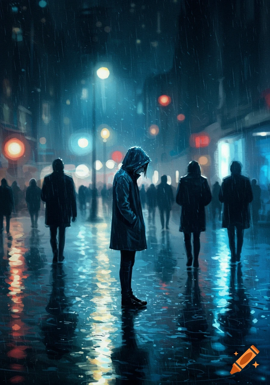A solitary hooded figure stands on a wet, reflective city street at night, with blurry background lights and other silhouetted people, in a moody artistic style.