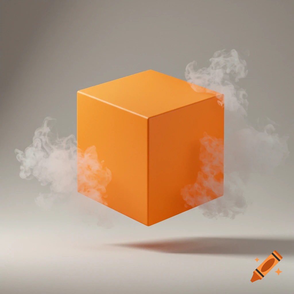 A vibrant orange cube floats over a light grey surface, partially obscured by wisps of white smoke, casting a soft shadow.
