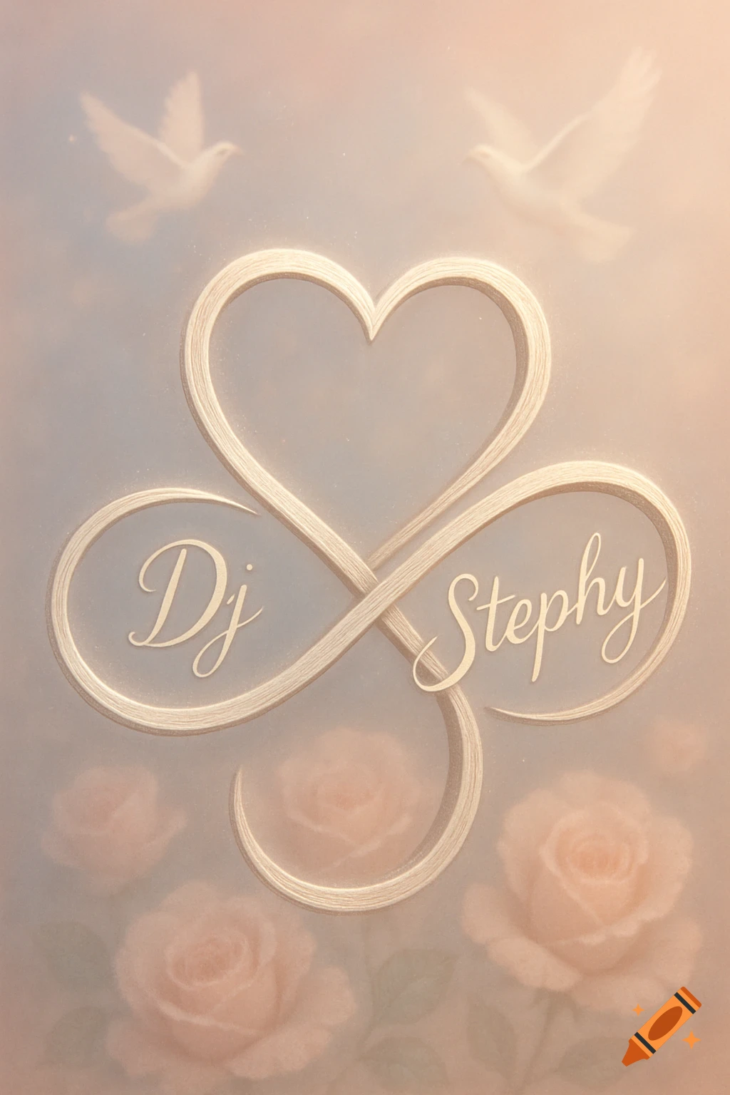 An intertwined heart and infinity symbol with names 'Dj Stephy', against a background of faint doves and roses.