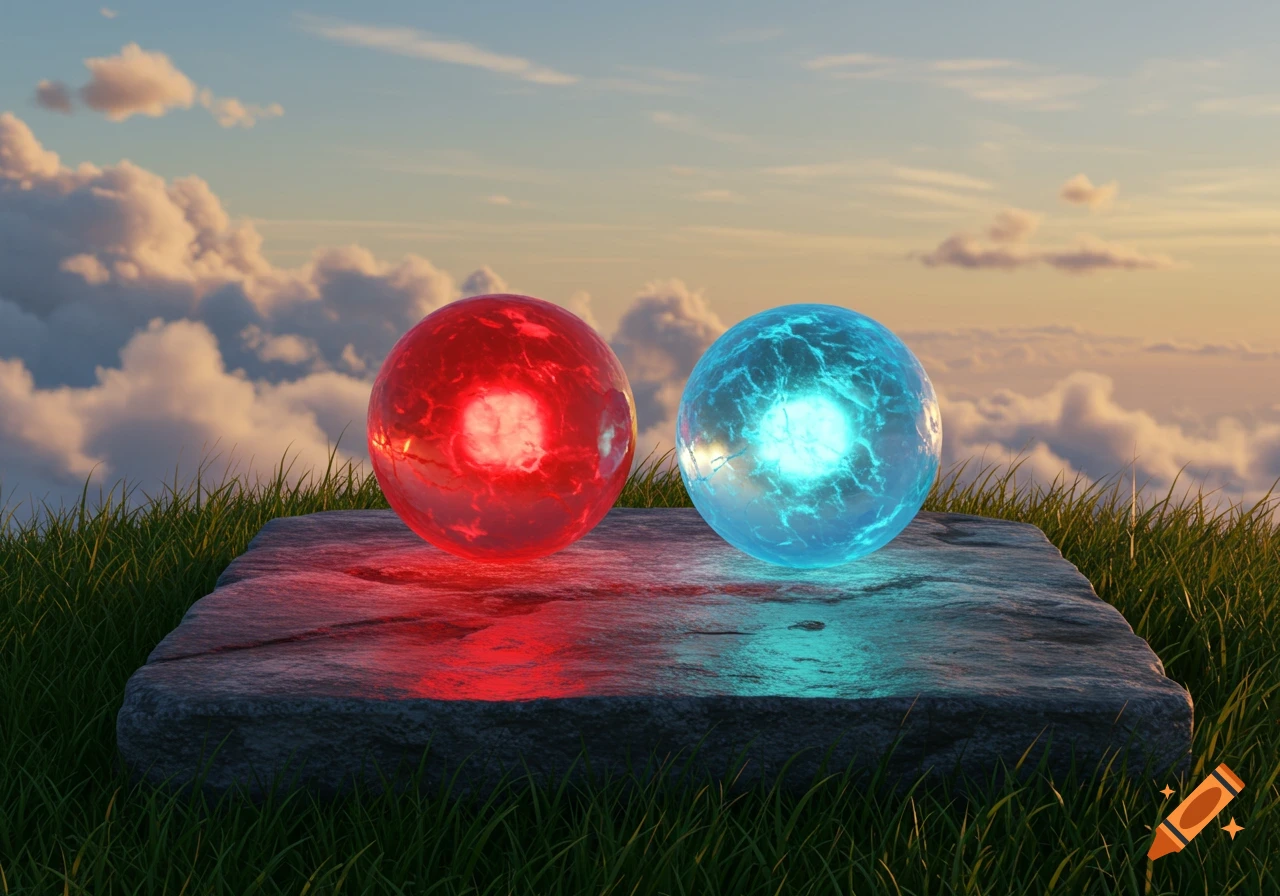 A red and a blue glowing crystal orb sit on a stone slab in grassy terrain under a sunset sky.