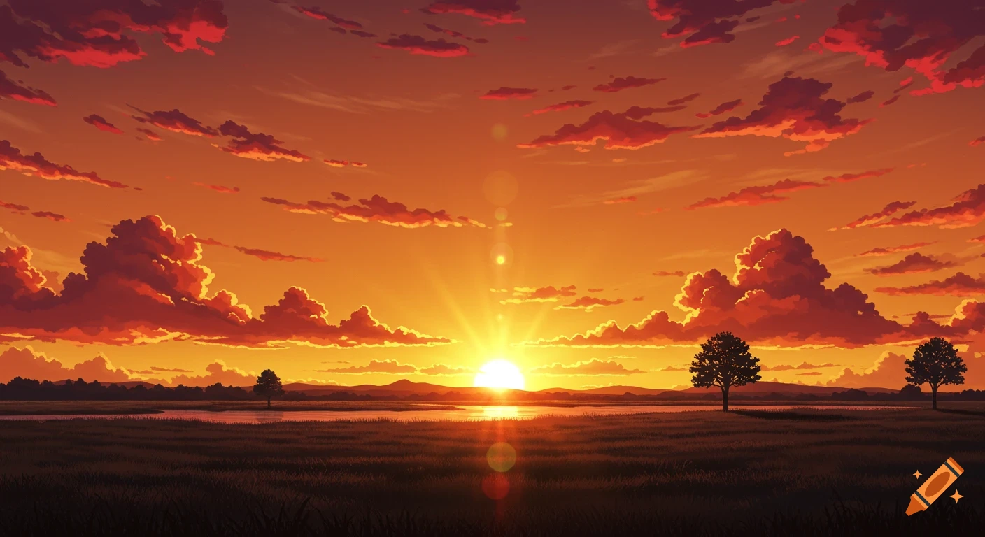 Vibrant orange anime-style sunset over a calm lake and grassy plains with silhouetted trees.