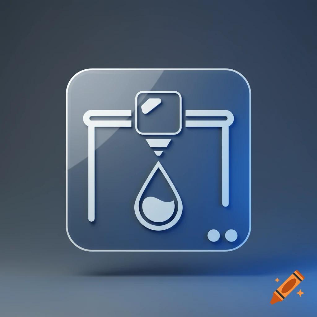 A glossy blue square icon with a white outline of a resin 3D printer depositing a liquid drop, on a grey background.