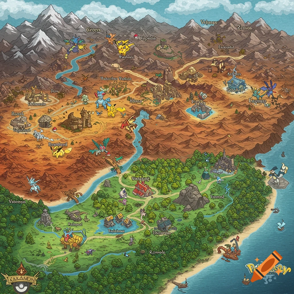 Detailed fantasy map of a Pokemon region with mountains, rivers, forests, towns, and various Pokemon scattered across the land.
