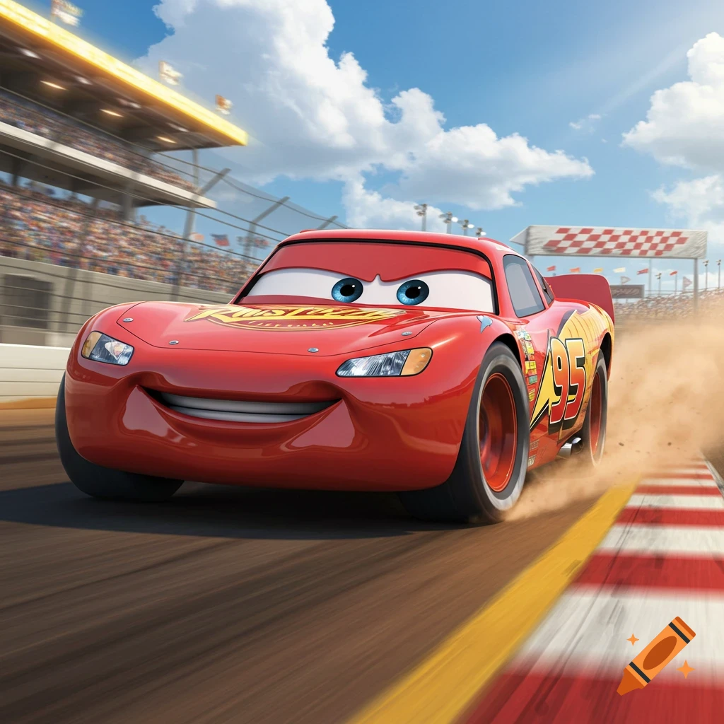 Lightning McQueen, a red animated race car, speeds down a race track, kicking up dust. Grandstands are visible under a blue sky.