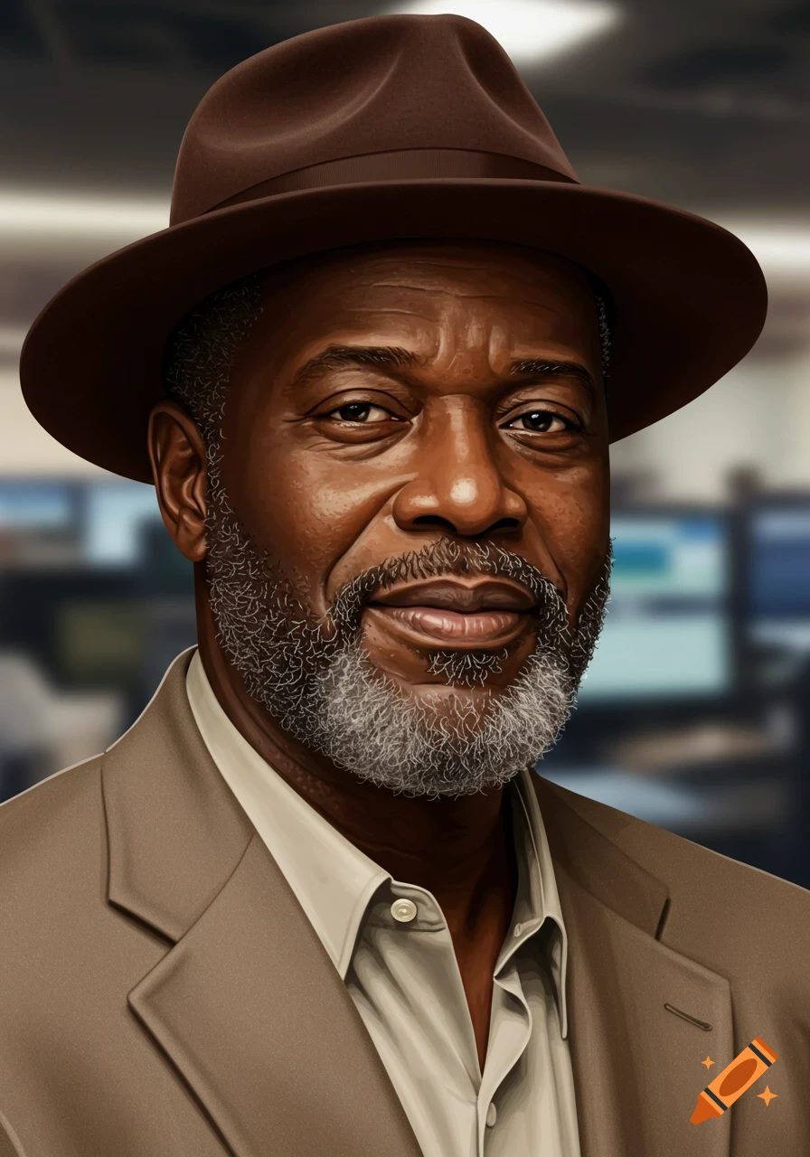 A realistic portrait of a smiling Black man with a salt and pepper beard, wearing a brown fedora and a tan suit jacket.