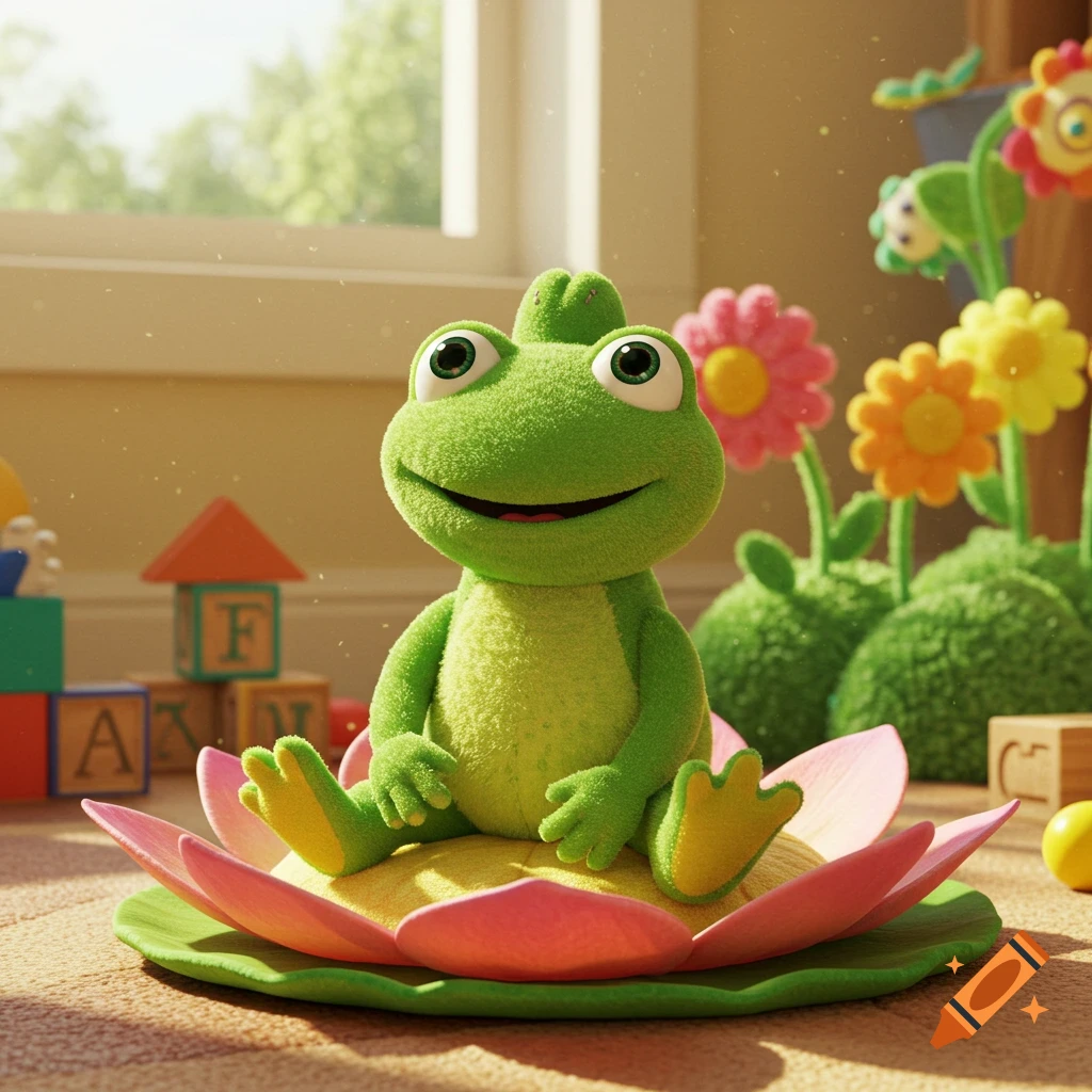 A smiling, green cartoon frog character with big eyes sits on a pink and yellow lily pad in a brightly lit room with toys.