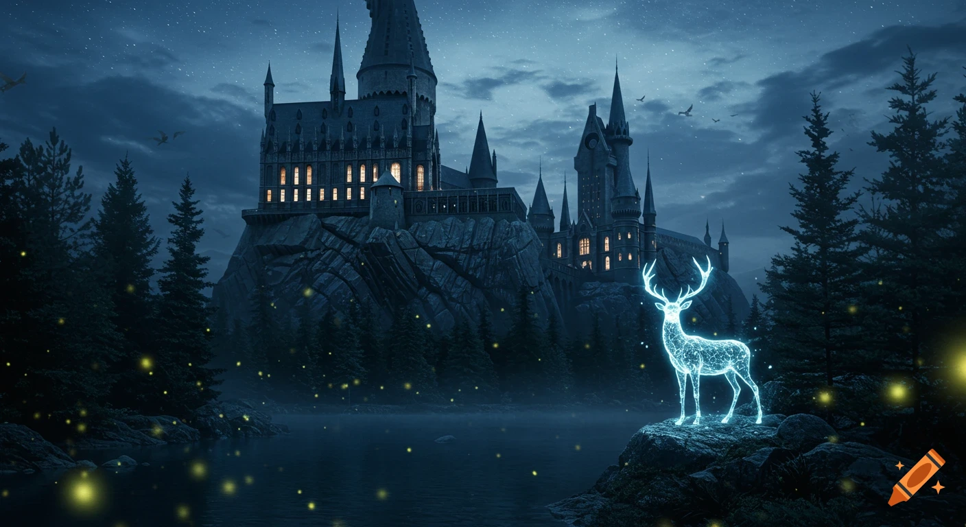 A grand, dark castle resembling Hogwarts sits on a rocky cliff under a starry night sky, with a glowing blue stag by a misty lake.
