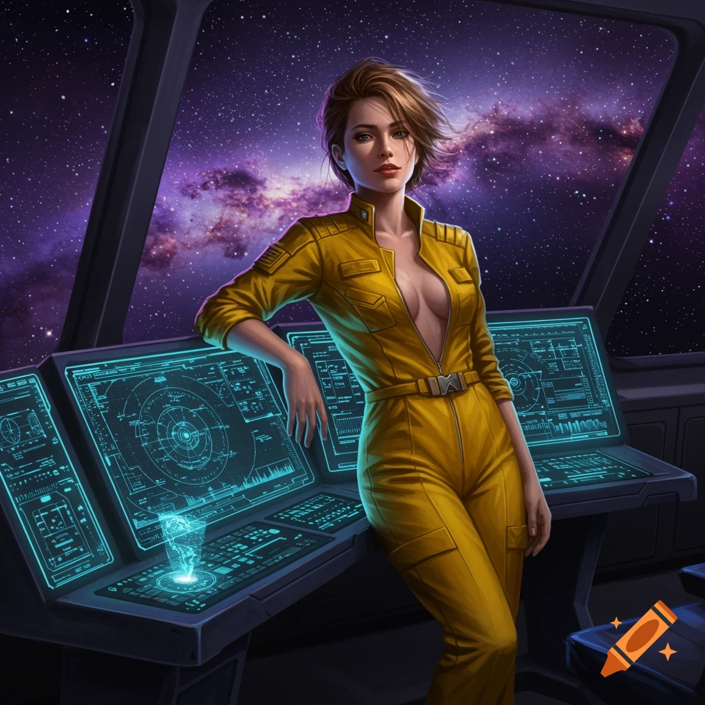 A short-haired woman in a yellow, unbuttoned sci-fi jumpsuit leans on a futuristic control panel, looking at the starry space outside a spaceship window.