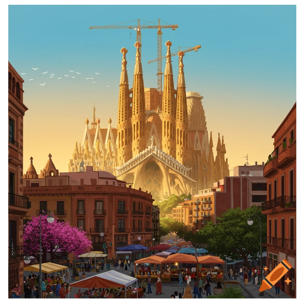 Illustrative view of a bustling market street in Barcelona, with the Sagrada Familia and cranes under a warm, golden sky.