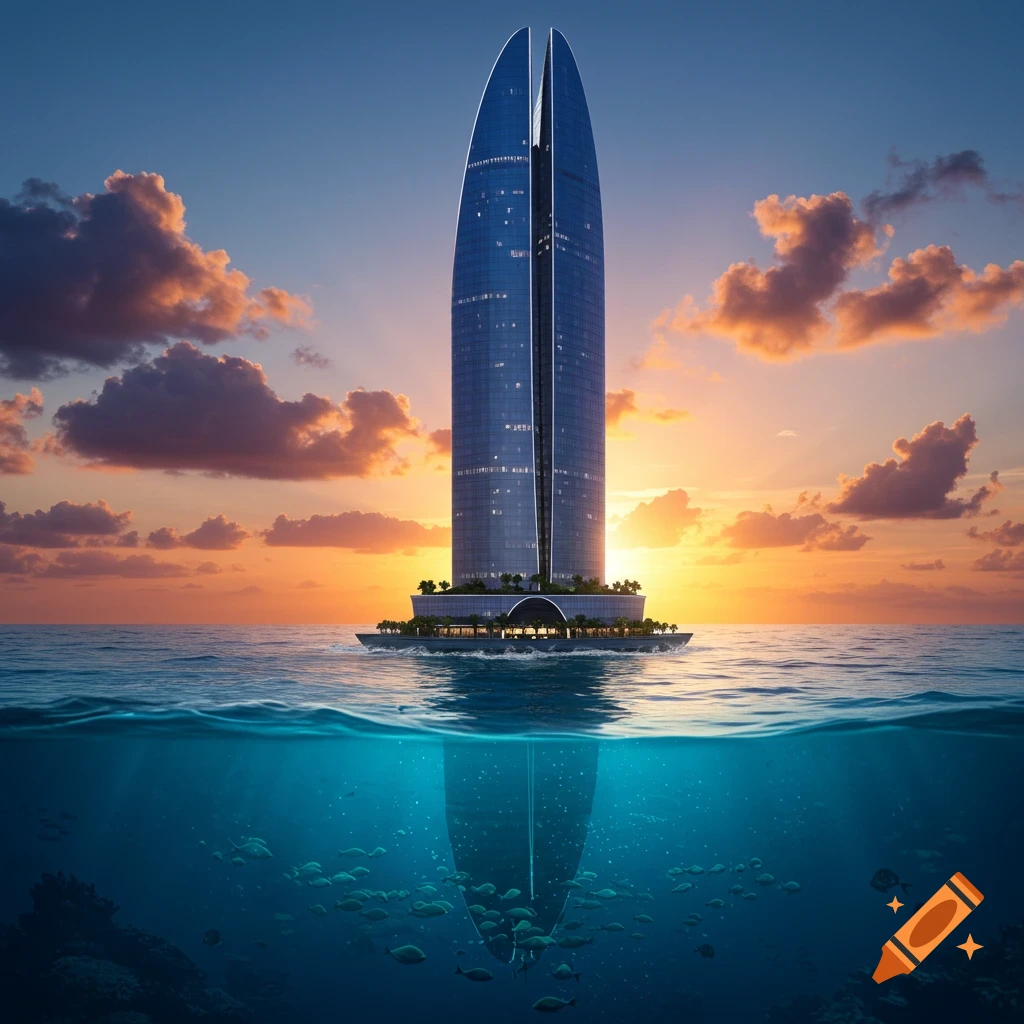 A sleek, futuristic skyscraper, shaped like a teardrop, floats on the ocean at sunset, with an underwater view showing fish and coral.
