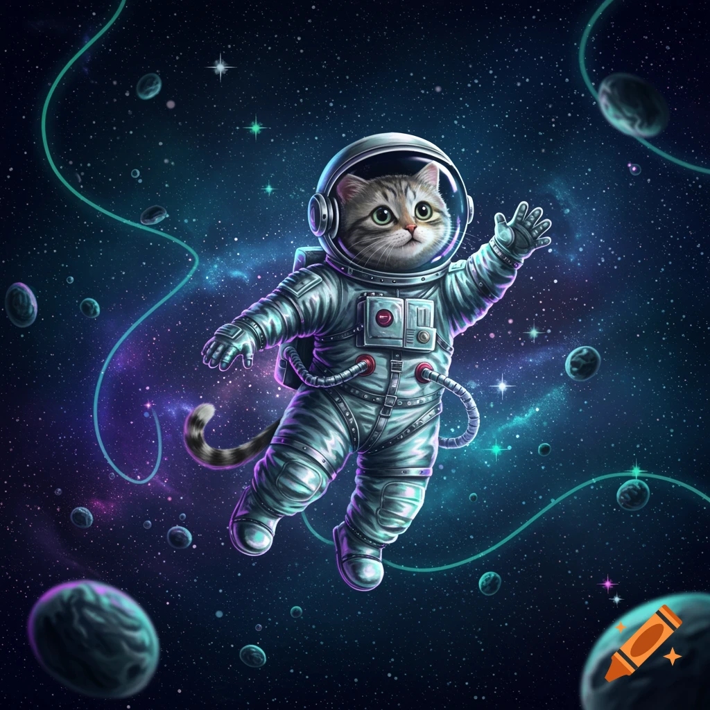 A cute tabby cat in a detailed astronaut suit floats in vibrant deep space with stars and glowing nebulas, and floating planets.