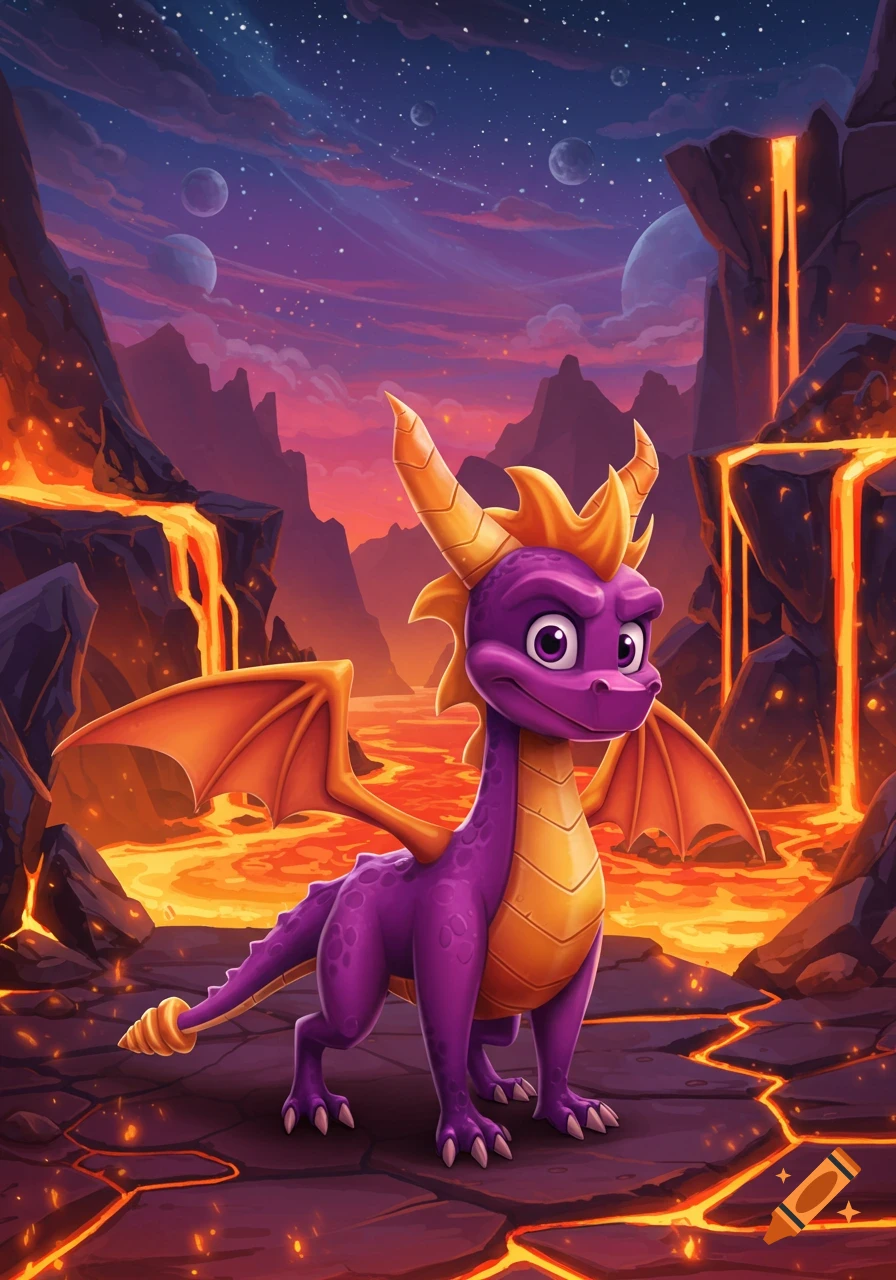 A cartoon purple dragon with orange wings and horns stands on volcanic ground with lava rivers, mountains, and planets in a starry sky.