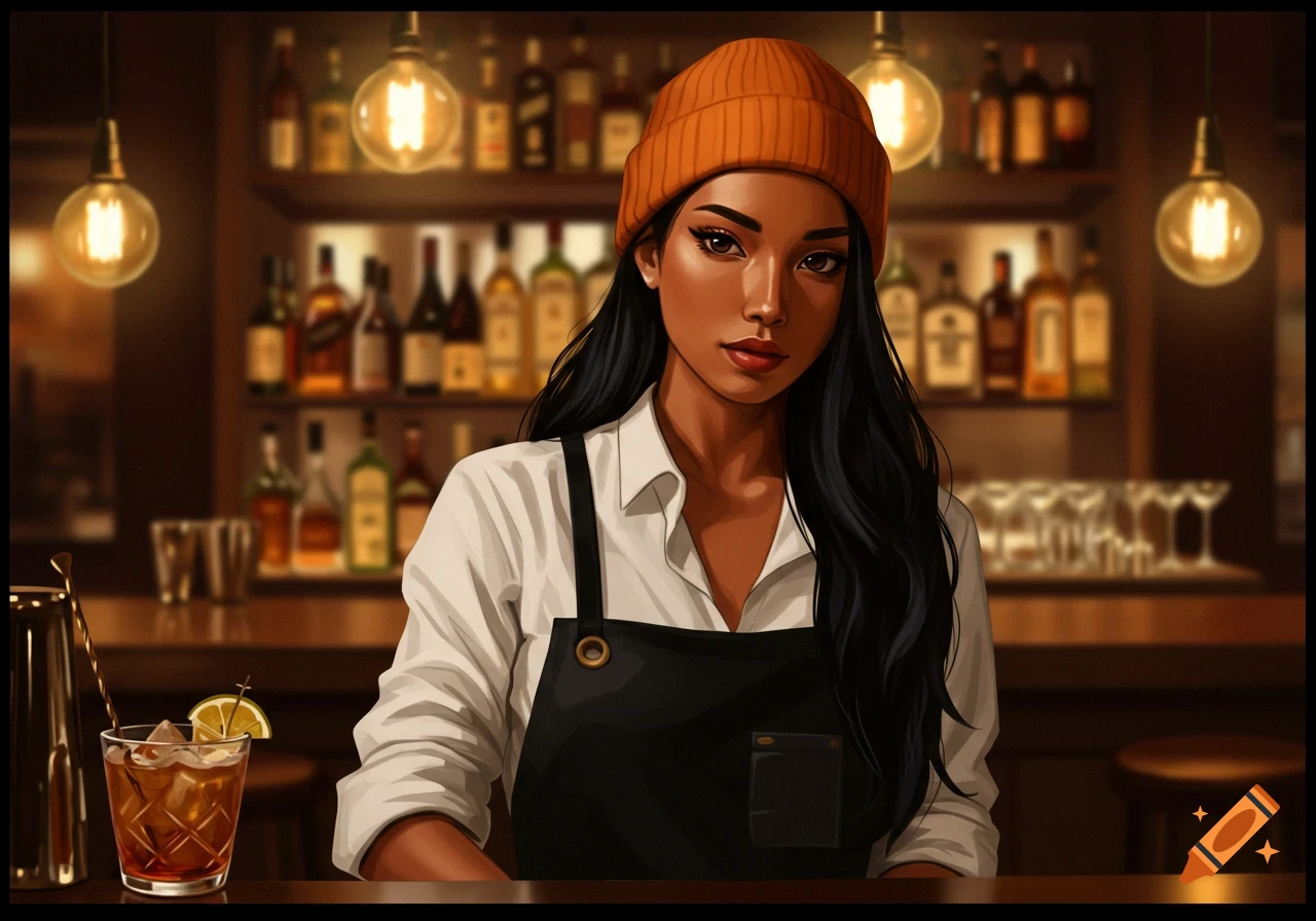 A stylized illustration of a female bartender with an orange beanie, black hair, and tan skin, standing in a dimly lit bar.